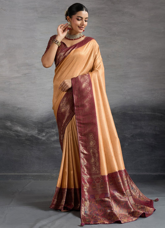 Peach Kanjivaram Silk Designer Saree Meenakari, Woven, Zari S19104