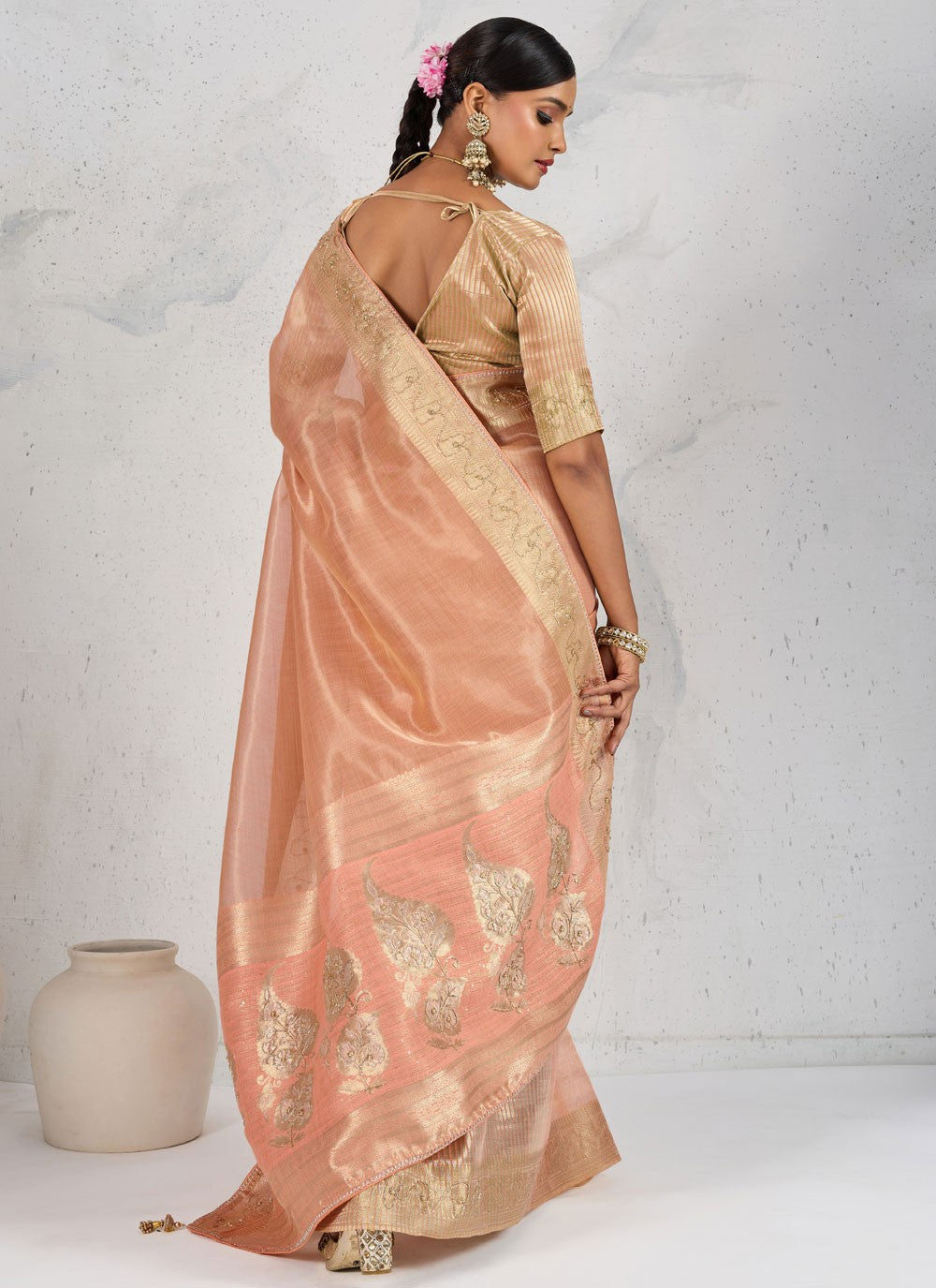 Peach Linen Traditional Saree Pearls, Thread, Woven, Zardosi S18174