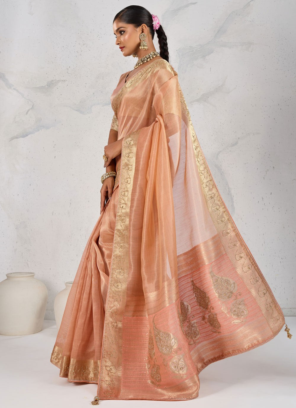 Peach Linen Traditional Saree Pearls, Thread, Woven, Zardosi S18174