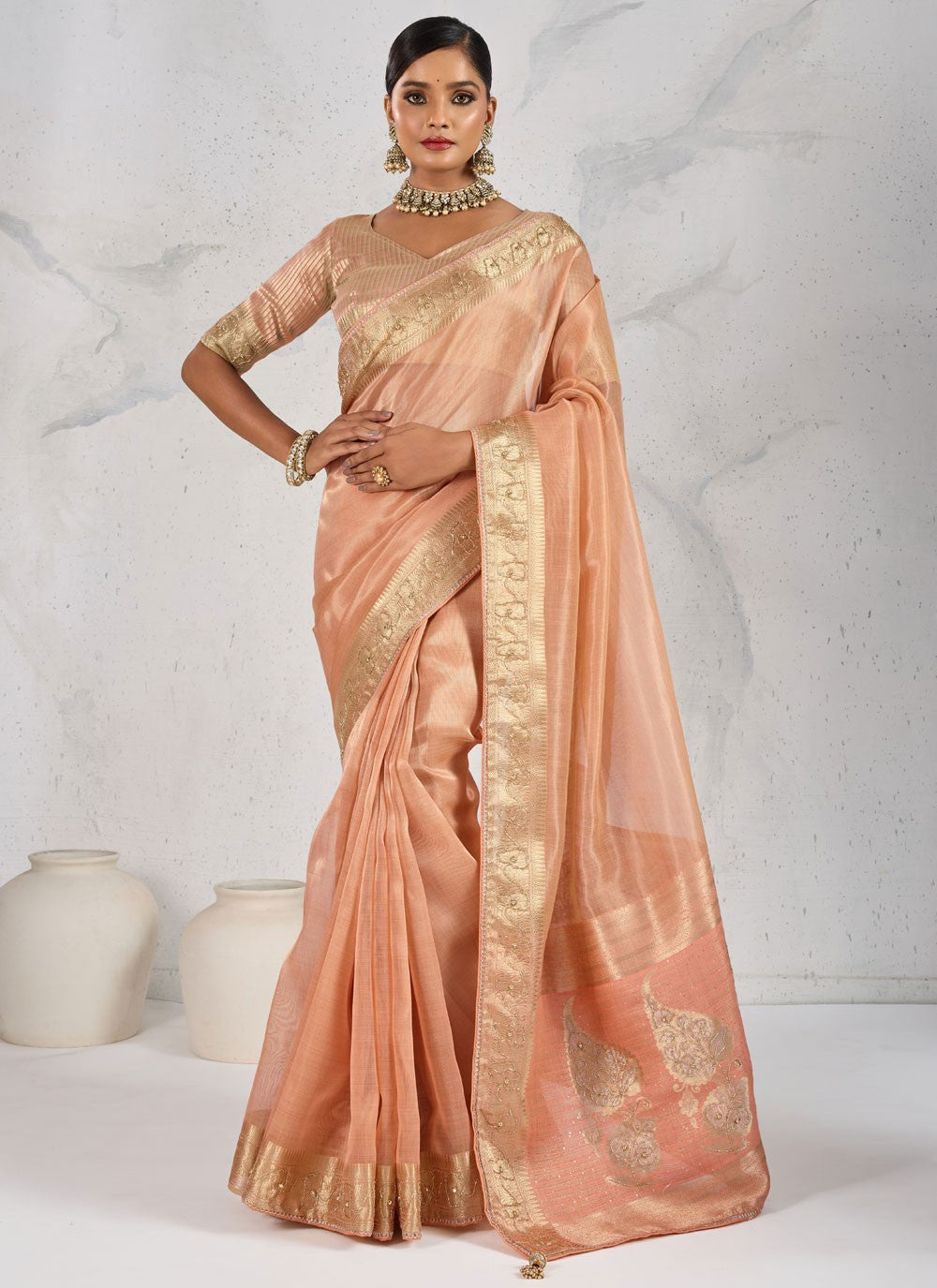 Peach Linen Traditional Saree Pearls, Thread, Woven, Zardosi S18174