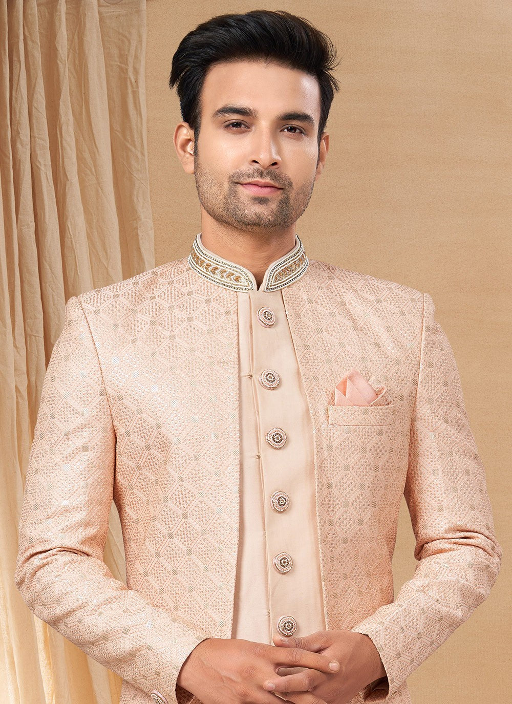 Hand Embroidery Fancy Fabric Peach Indo Western - M6225