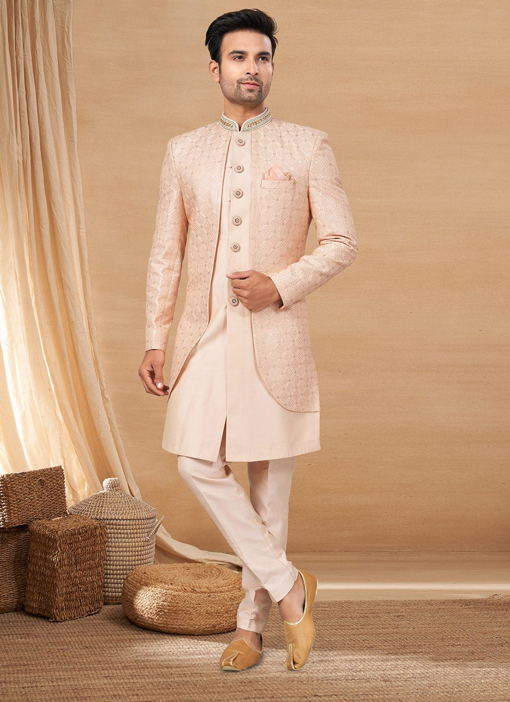 Hand Embroidery Fancy Fabric Peach Indo Western - M6225