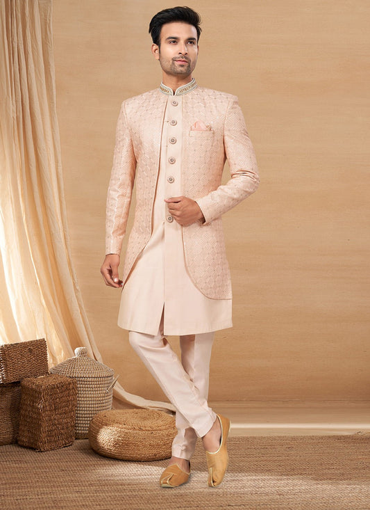 Hand Embroidery Fancy Fabric Peach Indo Western - M6225