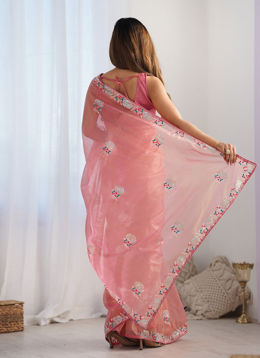Classic Saree Embroidered Peach Net Saree S12463
