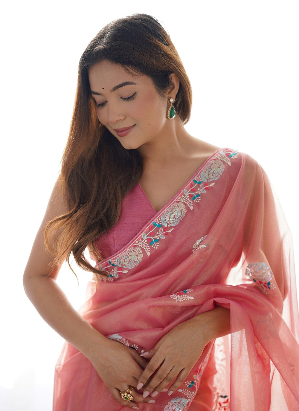 Classic Saree Embroidered Peach Net S12463