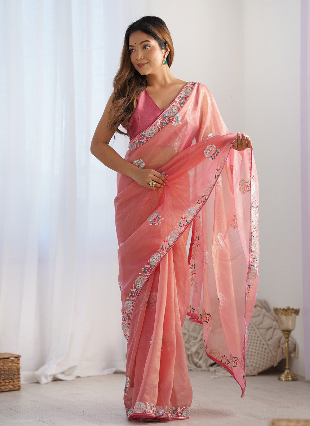 Classic Saree Embroidered Peach Net S12463