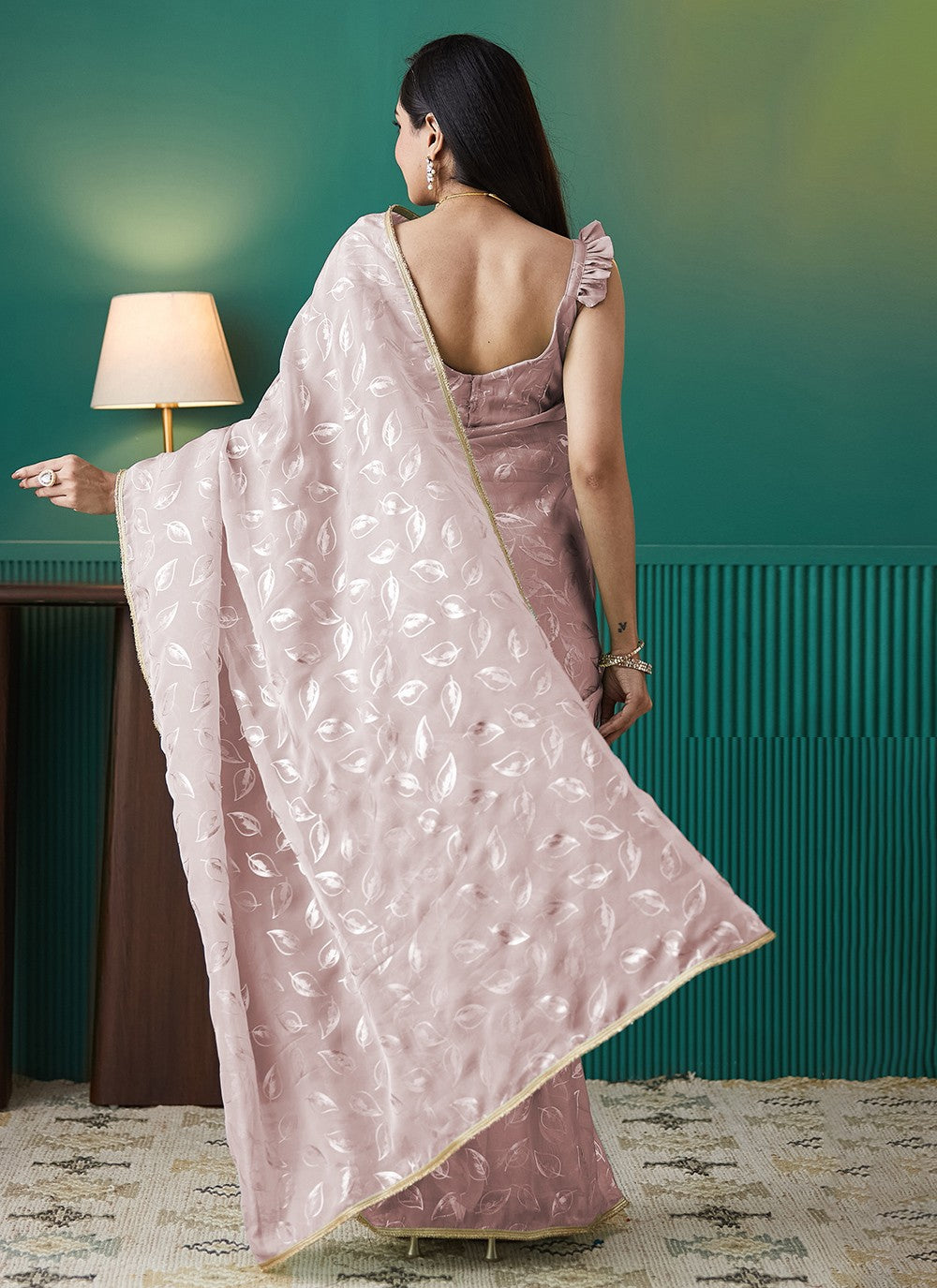 Peach Organza Trendy Saree Foliage Prints S17552