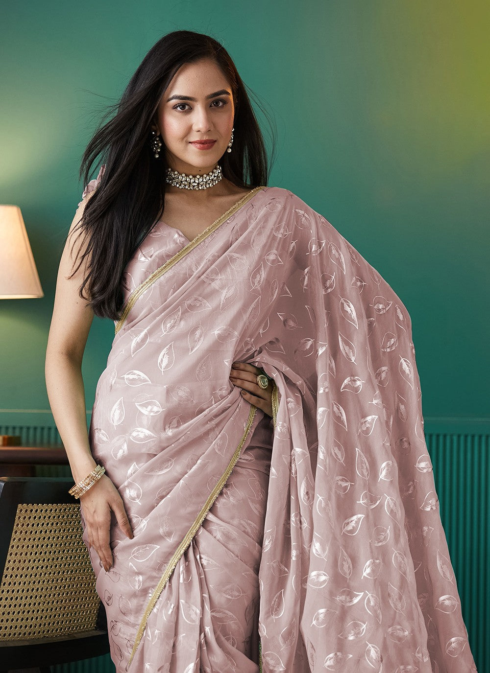 Peach Organza Trendy Saree Foliage Prints S17552