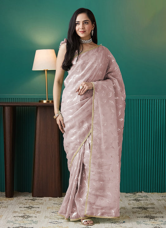 Peach Organza Trendy Saree Foliage Prints S17552