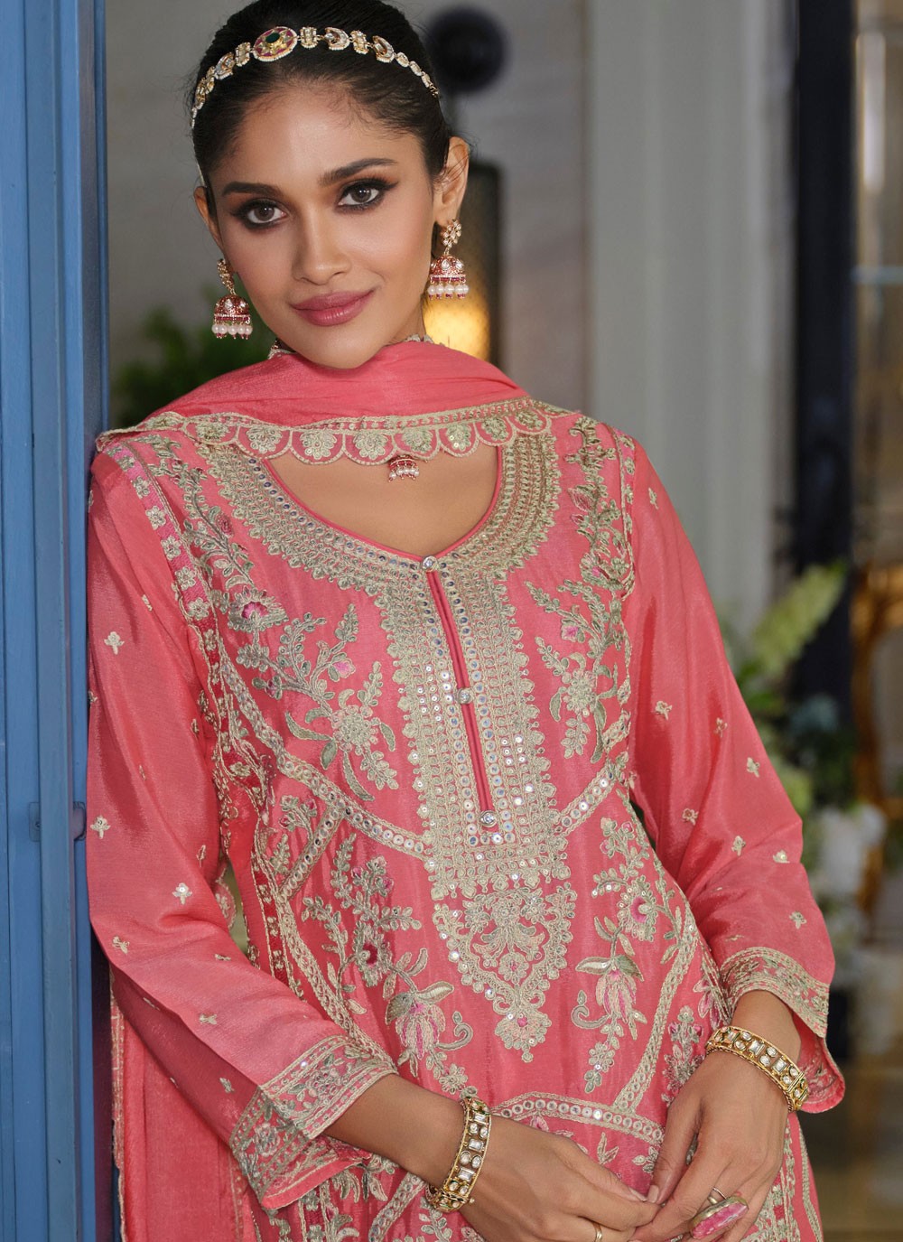 Palazzo Suit Embroidered, Resham Peach T7835