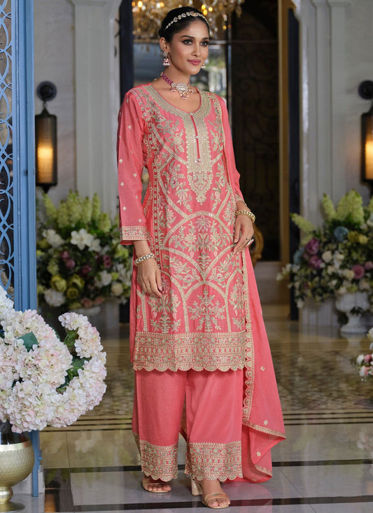 Palazzo Suit Embroidered, Resham Peach T7835