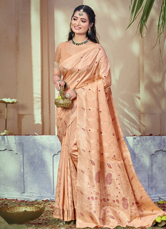 Weaving Zari Silk Peach Saree S14650