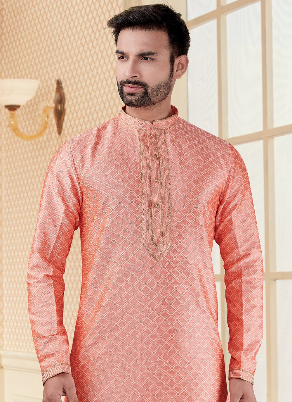 Fancy Work Jacquard Peach Kurta - M5597