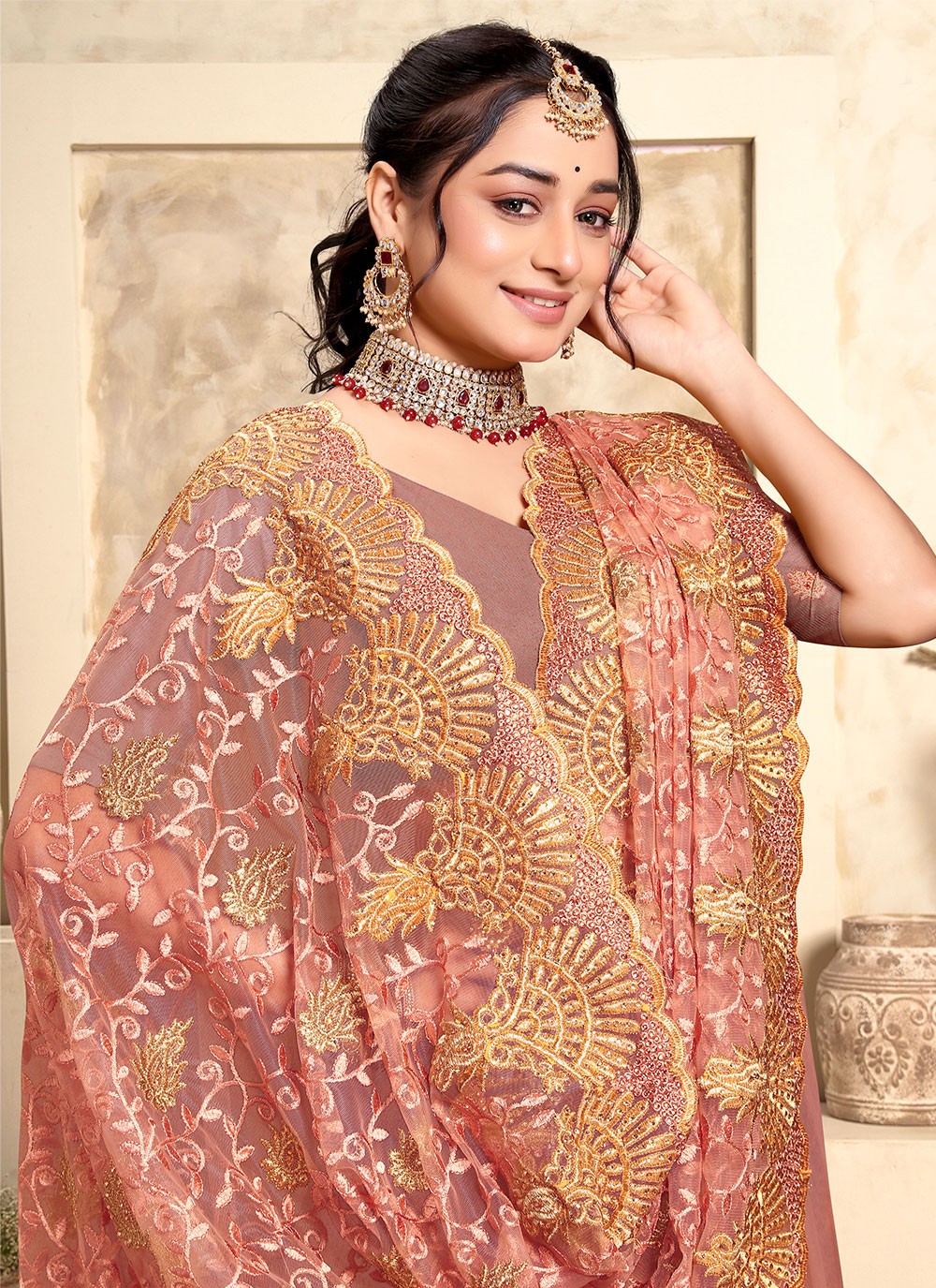 Trendy Embroidered Net Saree - S4963