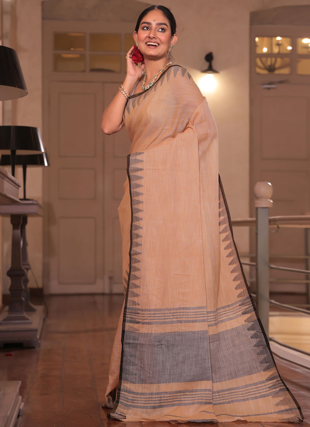 Peach Cotton Contemporary Saree Printed S19033