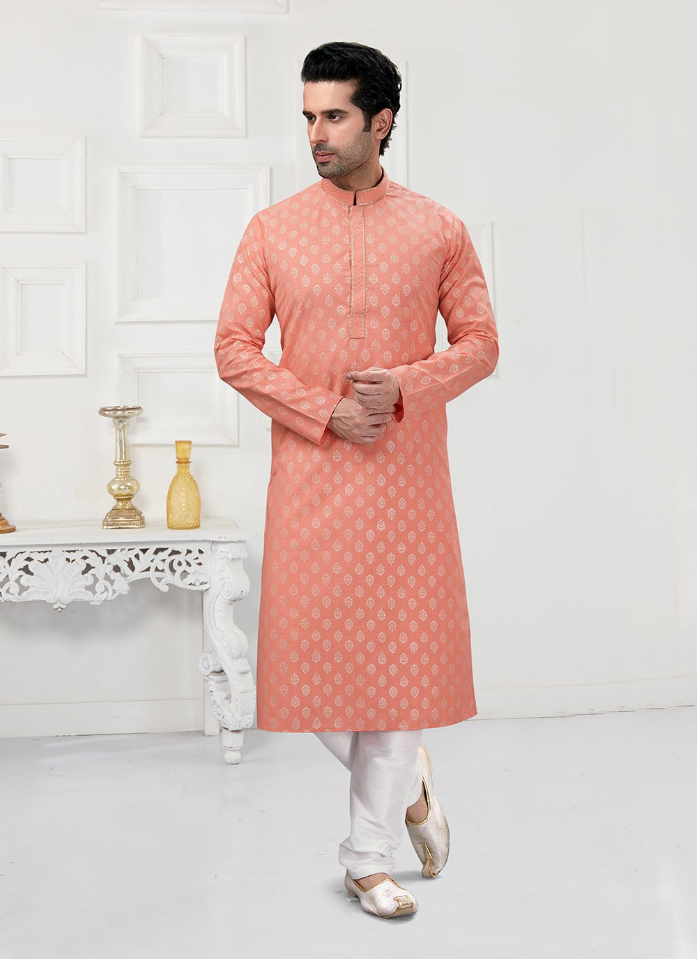 Printed Cotton Peach Kurta Pyjama - M3163