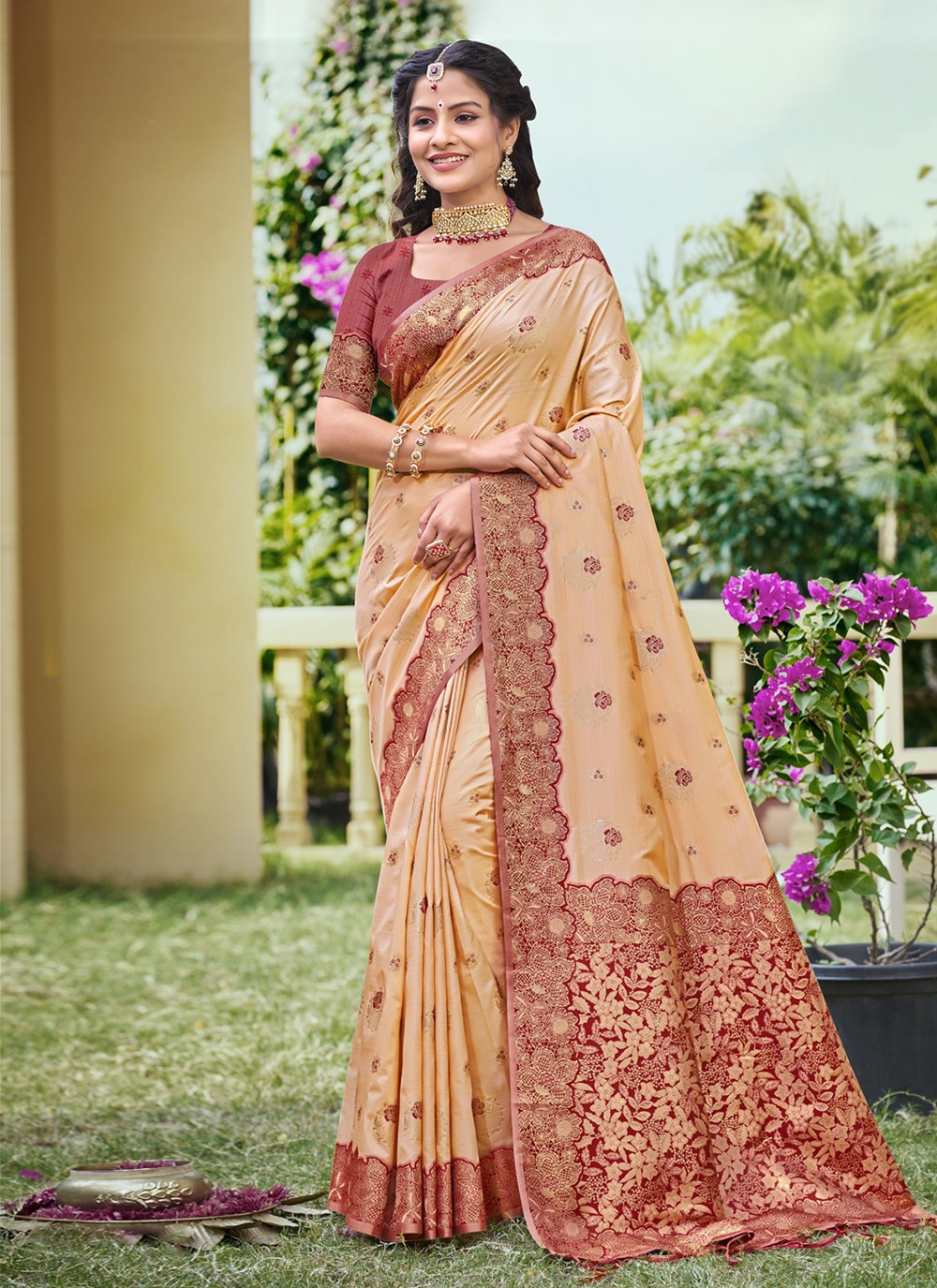 Traditional Printed Peach Banarasi Silk Saree S12737