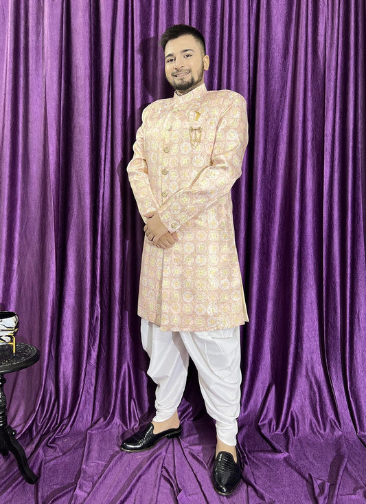 Fancy Work Jacquard Peach Indo Western - M5679