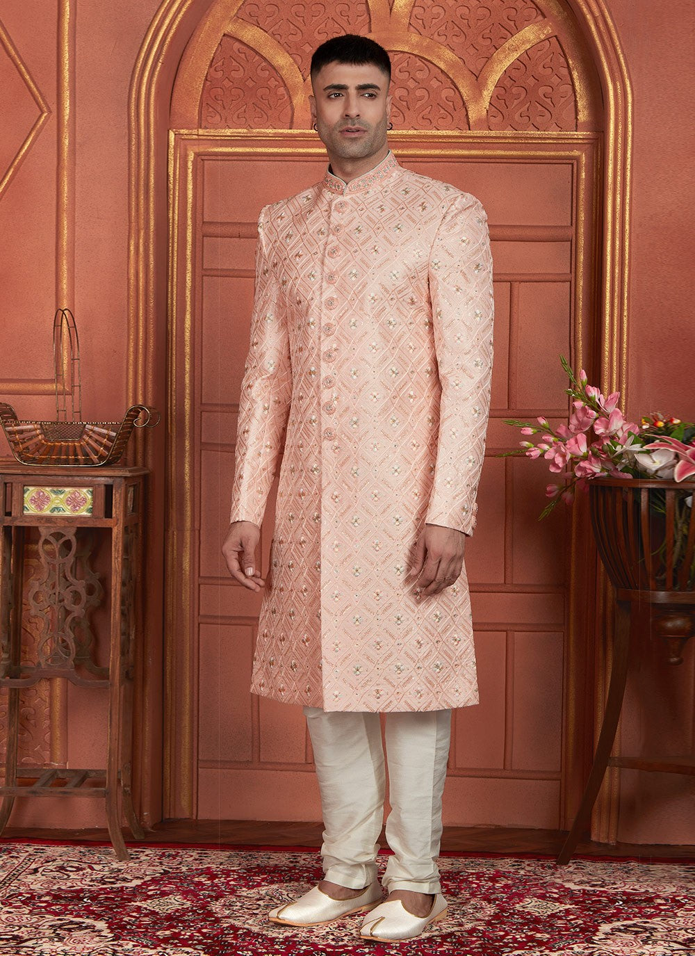 Embroidered Art Silk Peach Sherwani - M8281