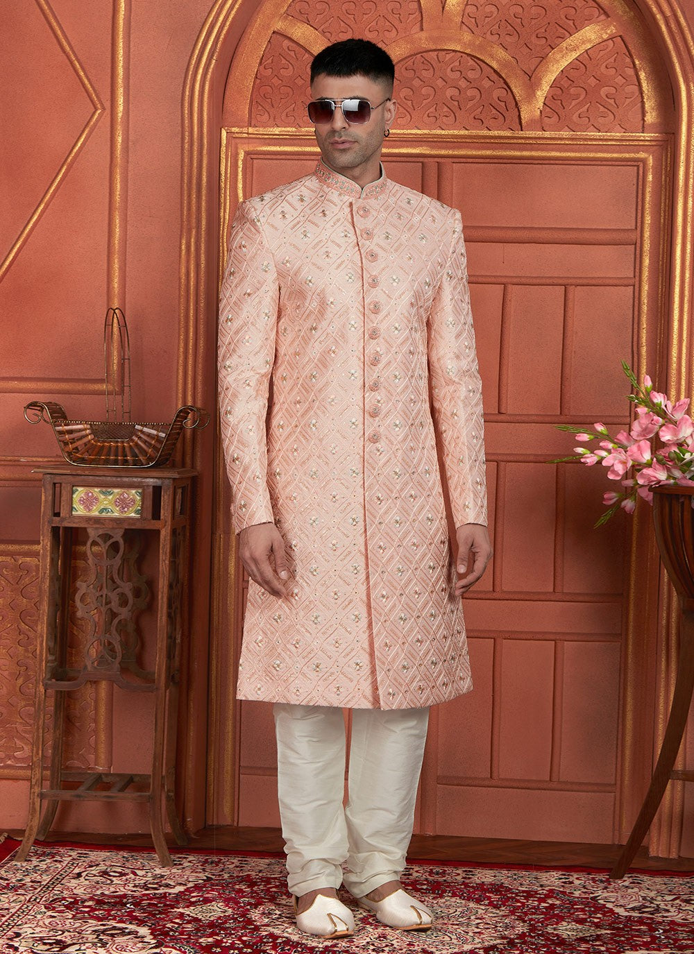 Embroidered Art Silk Peach Sherwani - M8281