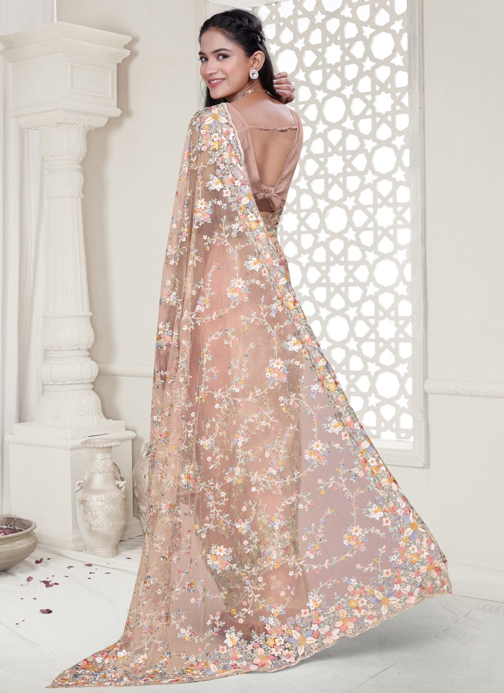 Peach Net Contemporary Saree Cut Work, Embroidered, Resham, Stones, Zircon S17804