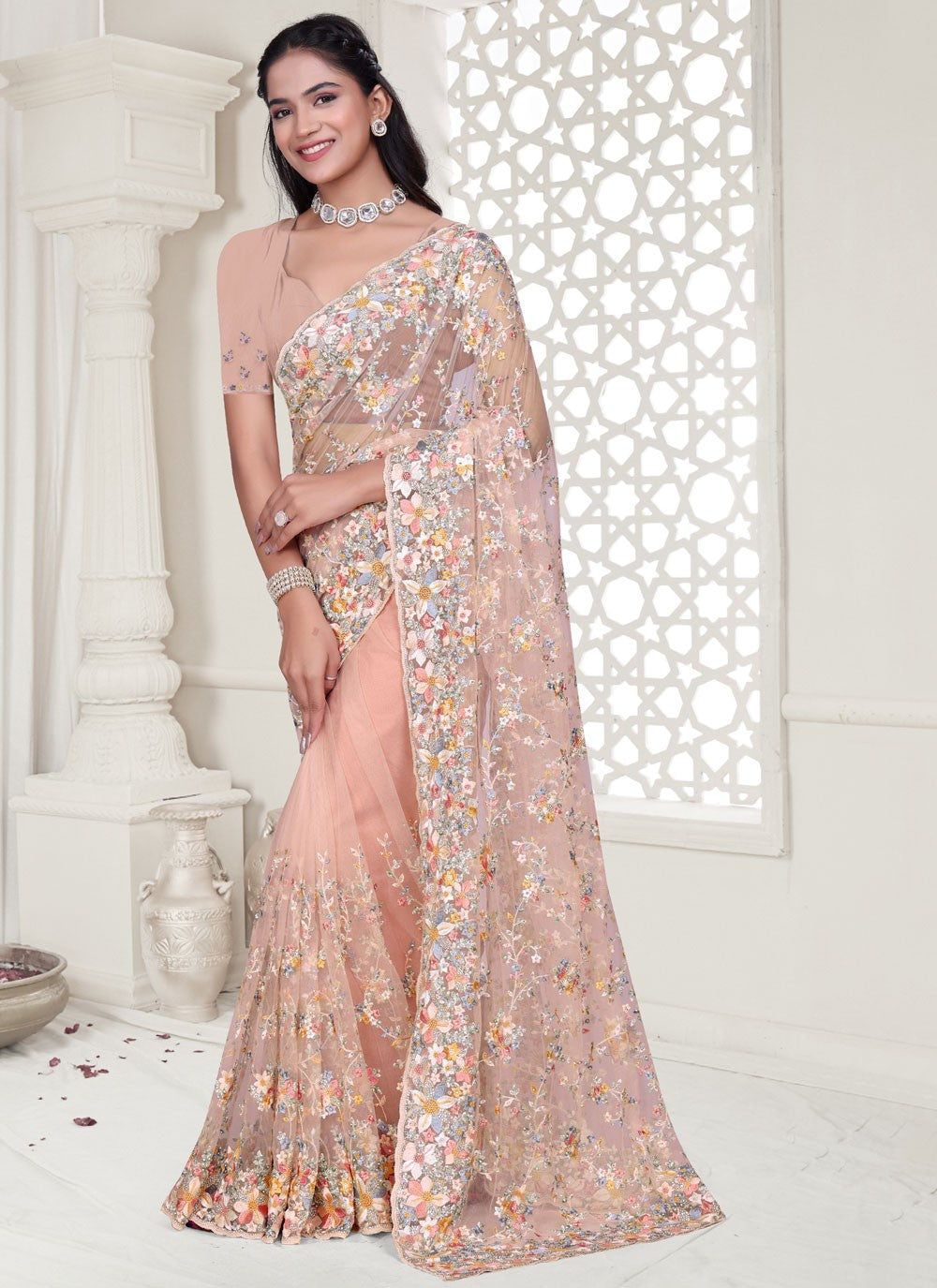 Peach Net Contemporary Saree Cut Work, Embroidered, Resham, Stones, Zircon S17804