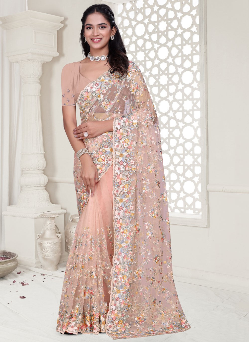 Peach Net Contemporary Saree Cut Work, Embroidered, Resham, Stones, Zircon S17804