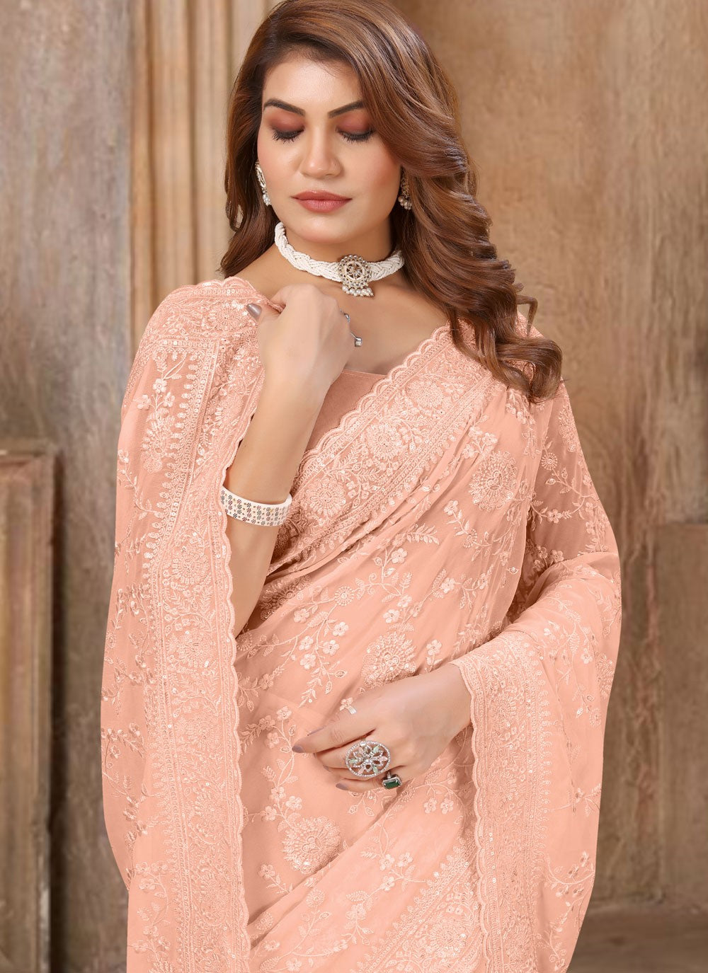 Cut Work Georgette Peach Traditional Saree S15612