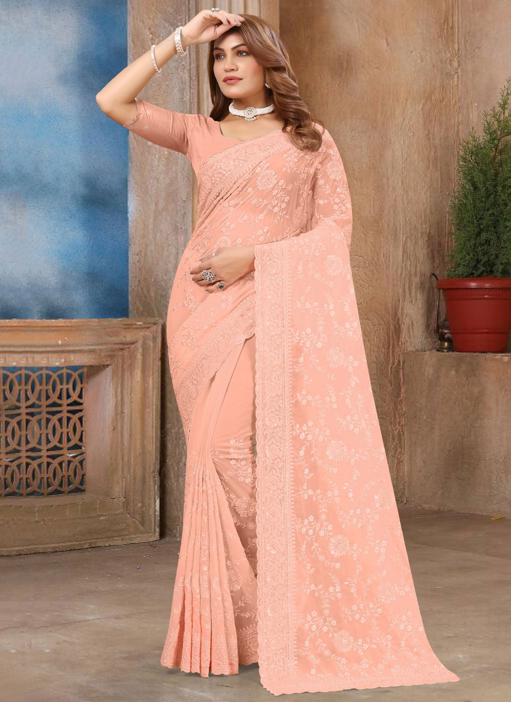 Cut Work Georgette Peach Traditional Saree S15612