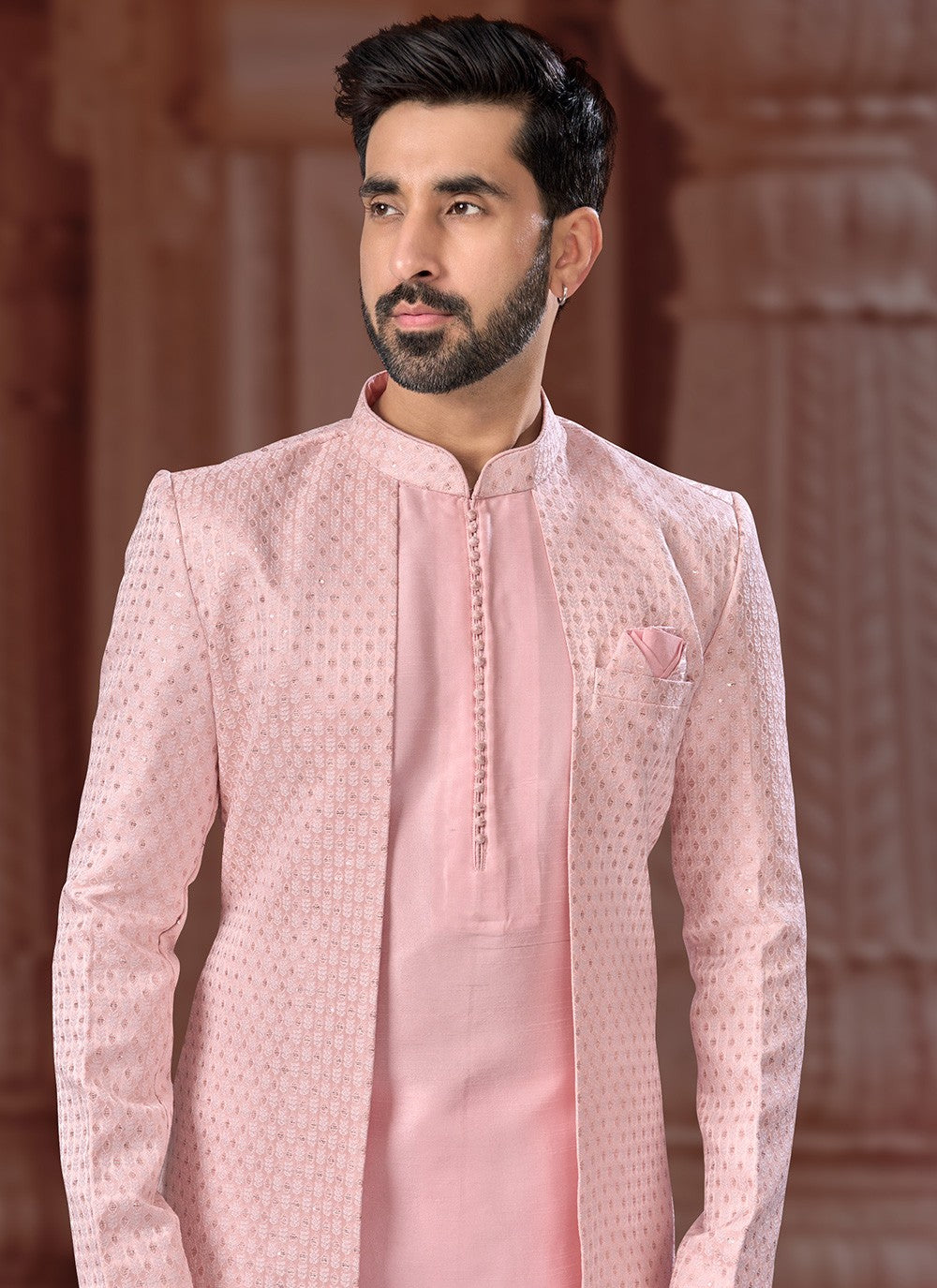 Embroidered Jacquard Peach Indo Western Sherwani - M6891