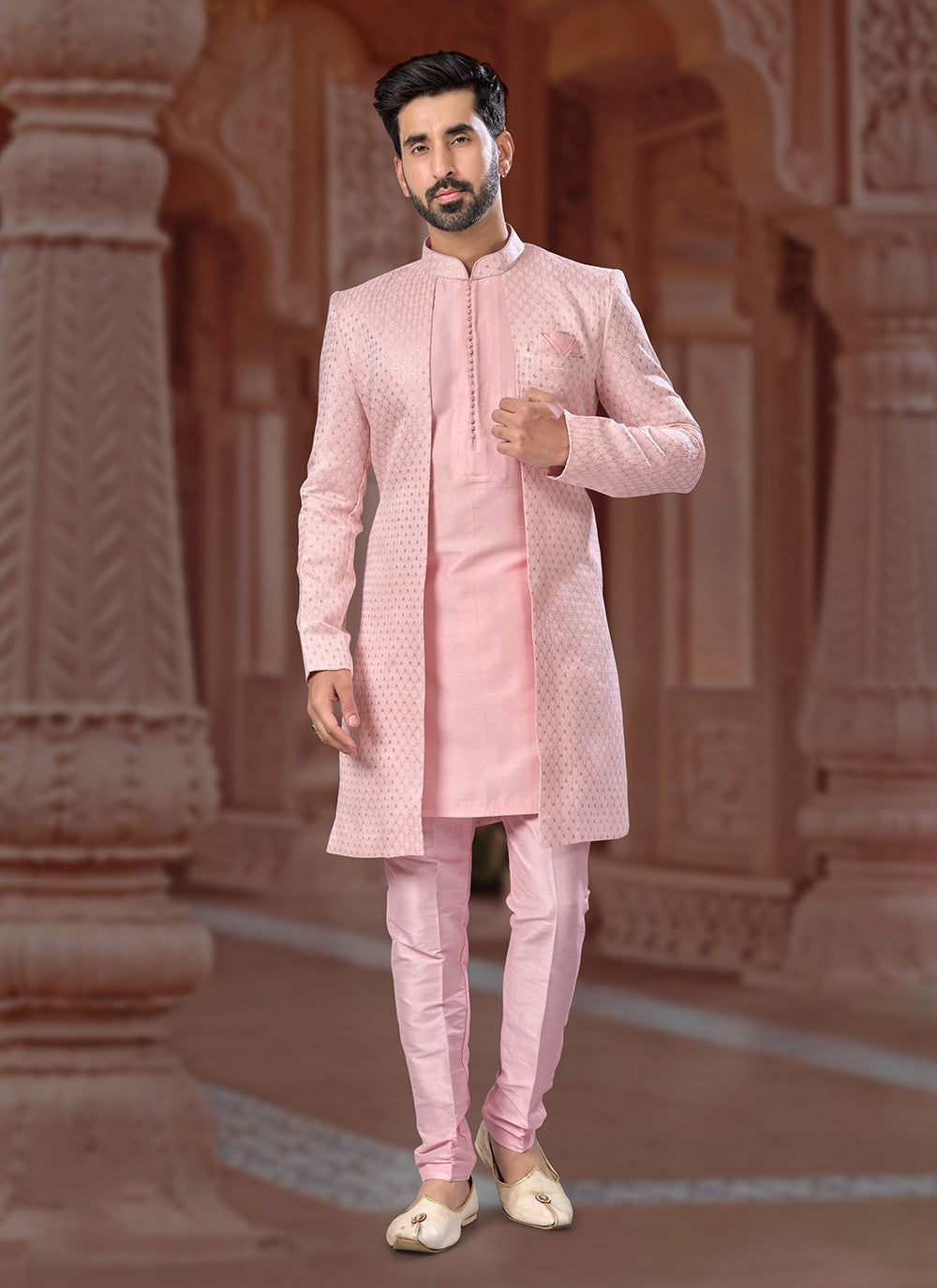 Embroidered Jacquard Peach Indo Western Sherwani - M6891