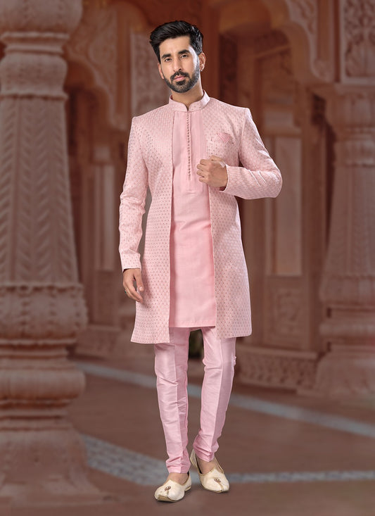 Embroidered Jacquard Peach Indo Western Sherwani - M6891