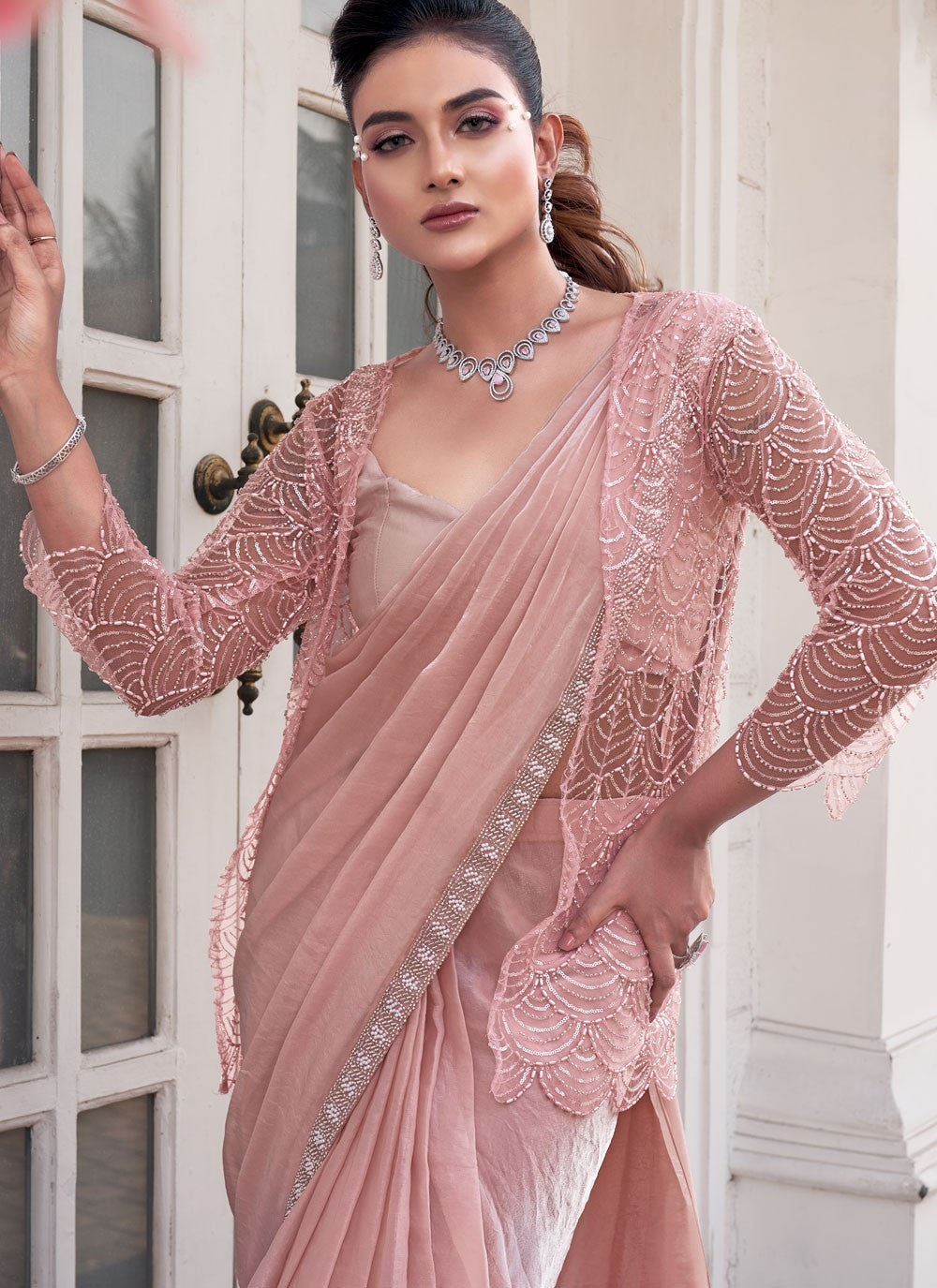 Trendy Saree Beads Peach Satin Silk Saree S13380