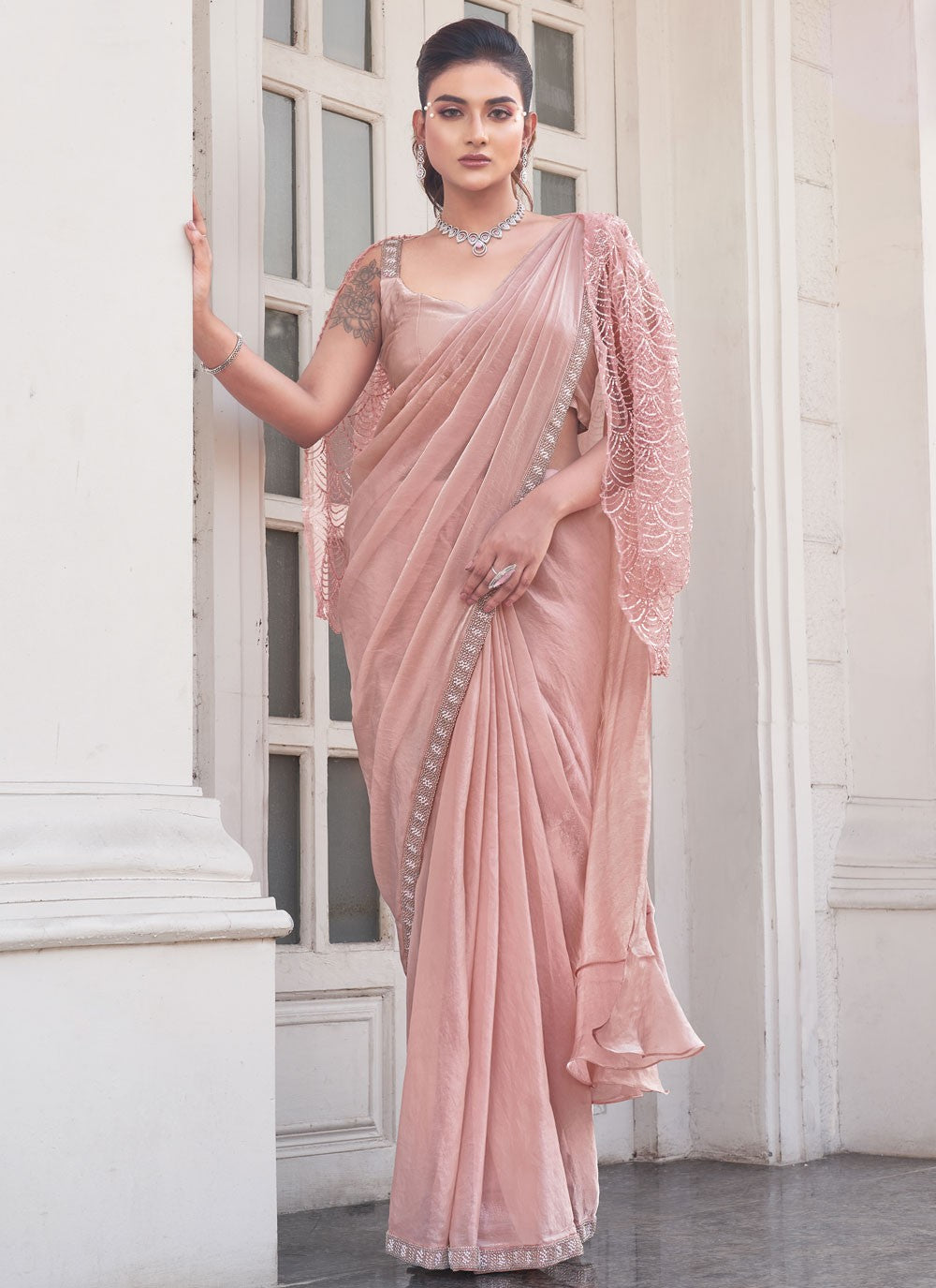 Trendy Saree Beads Peach Satin Silk Saree S13380