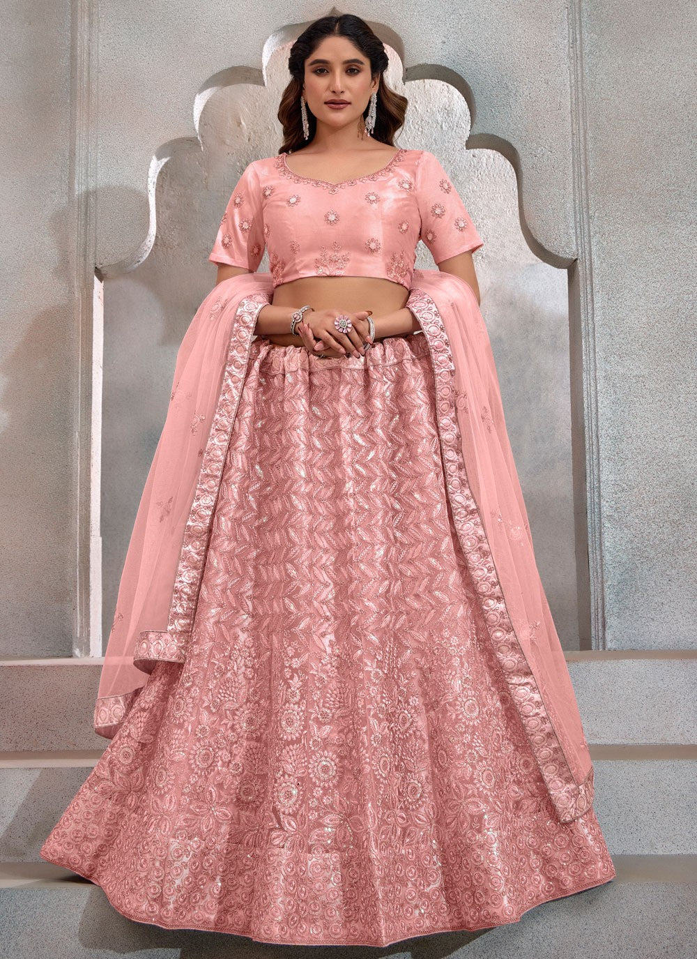 Embroidered Net Peach Lehenga - L3264