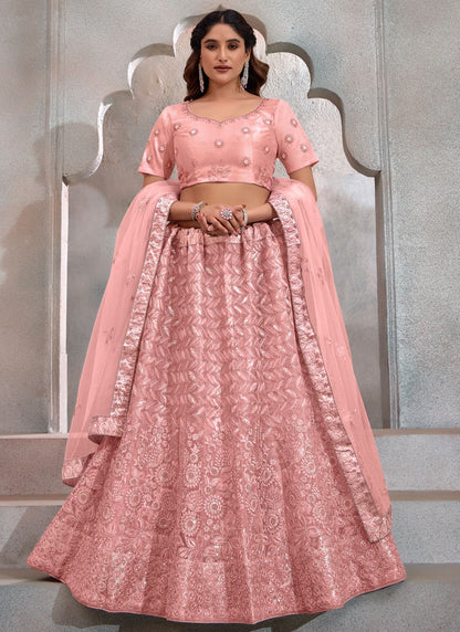 Embroidered Net Peach Lehenga - L3264