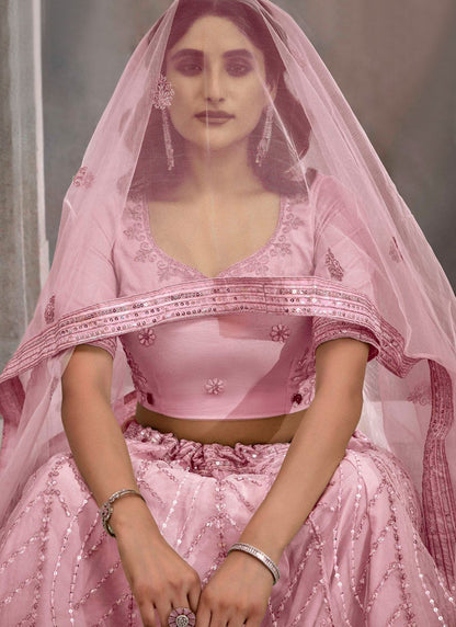 Embroidered Net Peach Lehenga - L3242