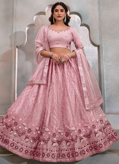 Embroidered Net Peach Lehenga - L3242