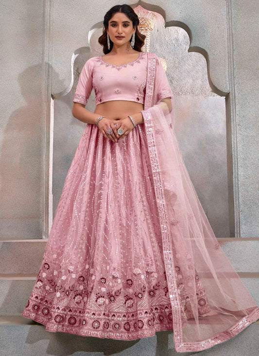 Embroidered Net Peach Lehenga - L3242