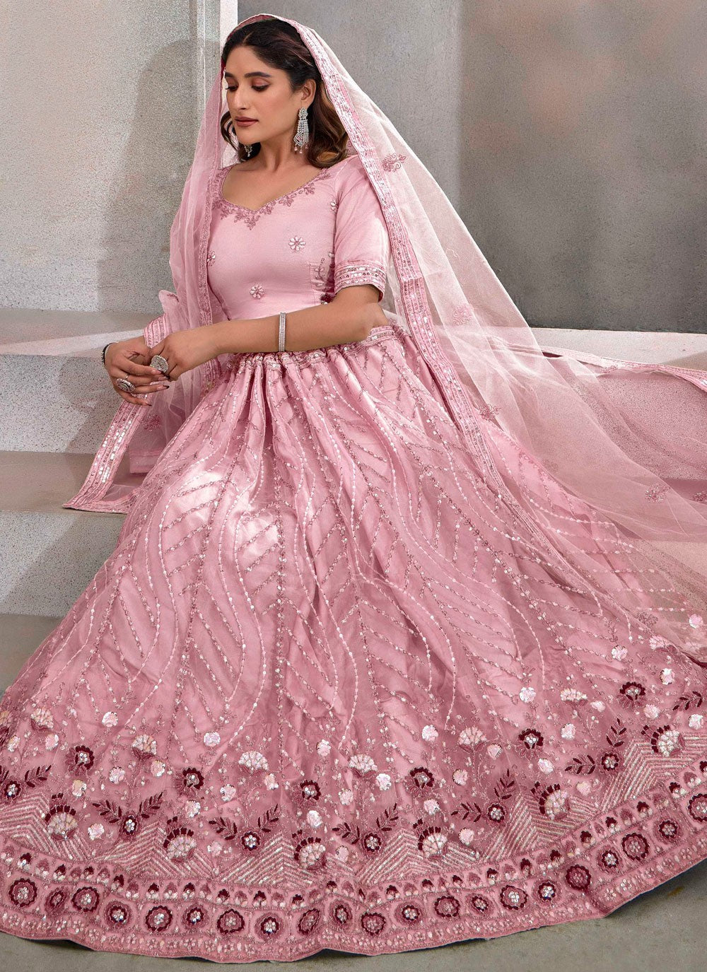 Embroidered Net Peach Lehenga - L3242