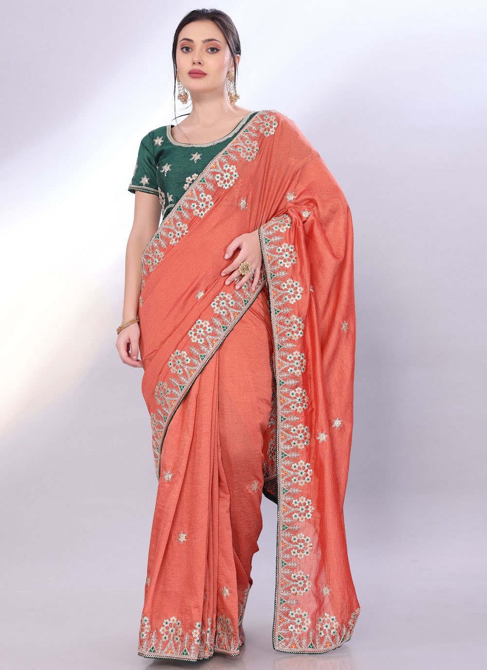 Embroidered Silk Peach Saree S13827
