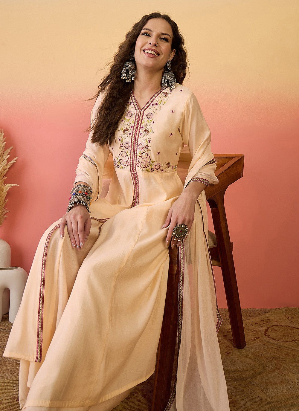 Palazzo Suit Embroidered Peach T6983