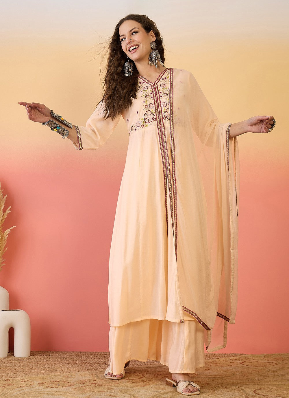 Palazzo Suit Embroidered Peach T6983