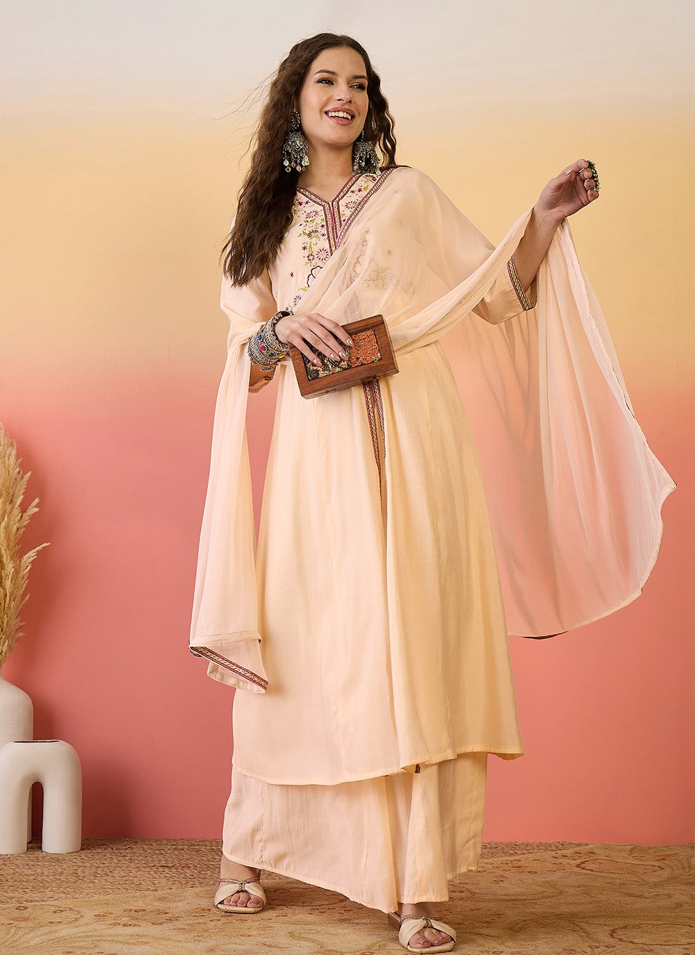 Palazzo Suit Embroidered Peach T6983