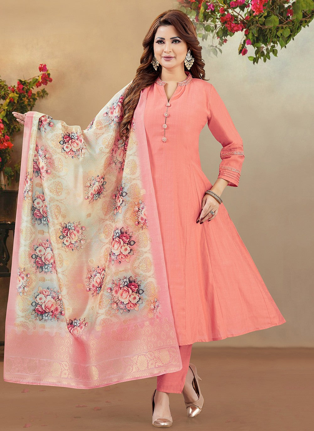 Pant Style Suit Embroidered Peach T8039