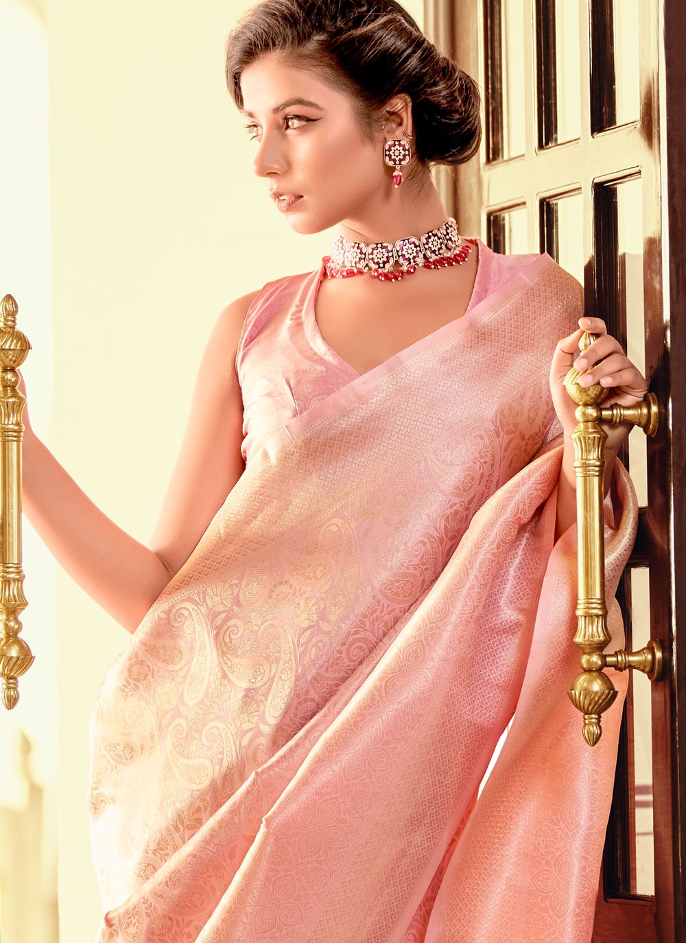 Designer Weaving Zari Peach Silk Saree S13007