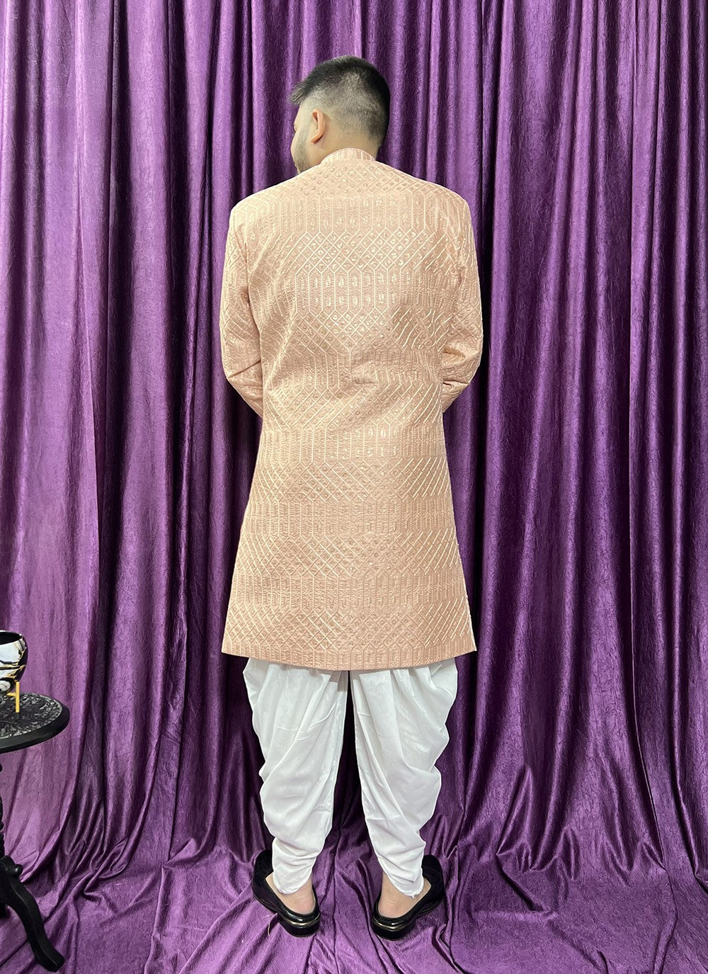 Embroidered Silk Peach Indo Western - M5685