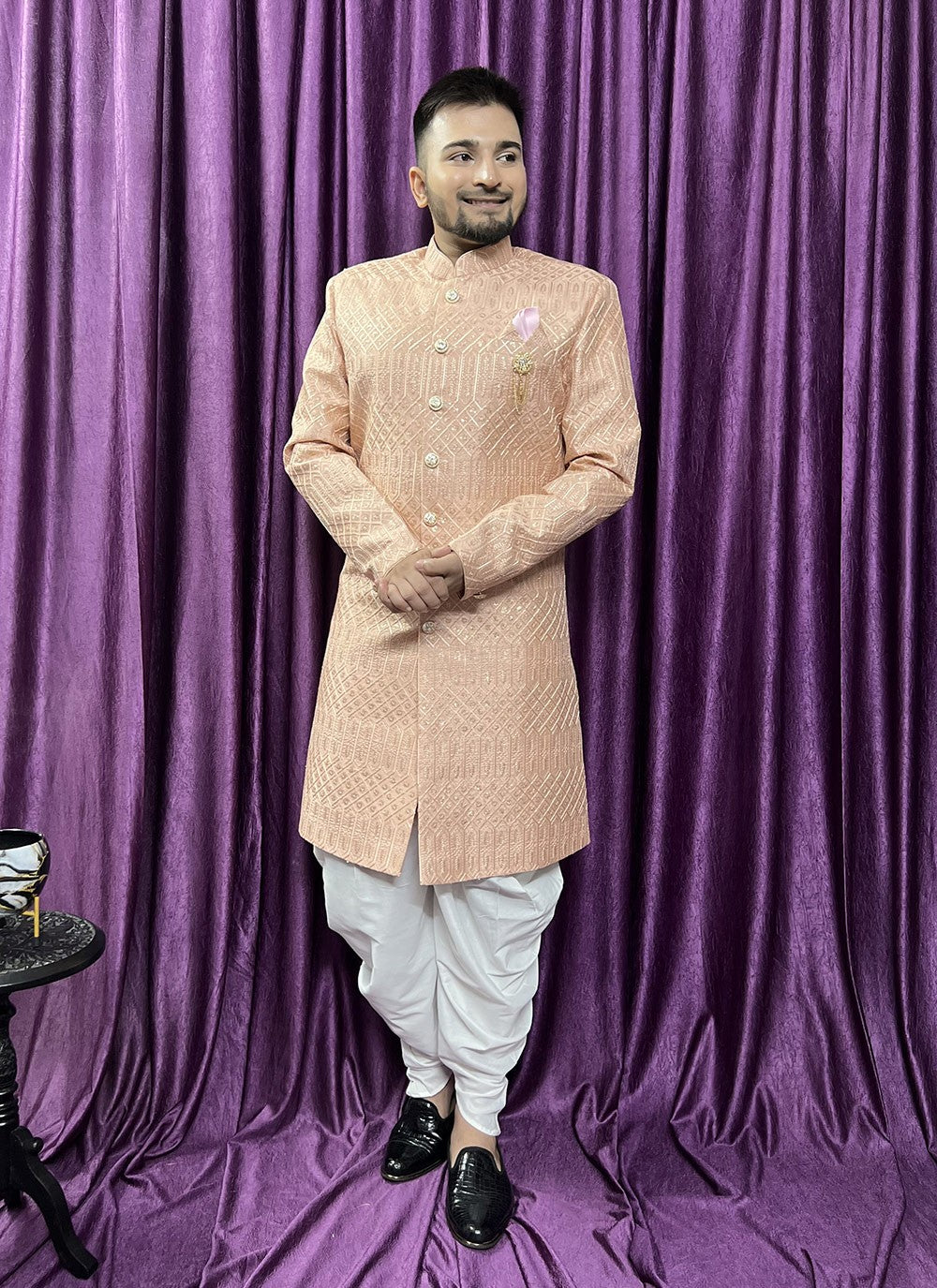 Embroidered Silk Peach Indo Western - M5685