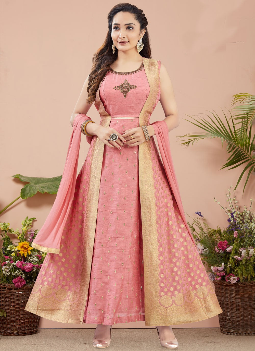 Salwar Suit Weaving Zari Peach Silk T5229