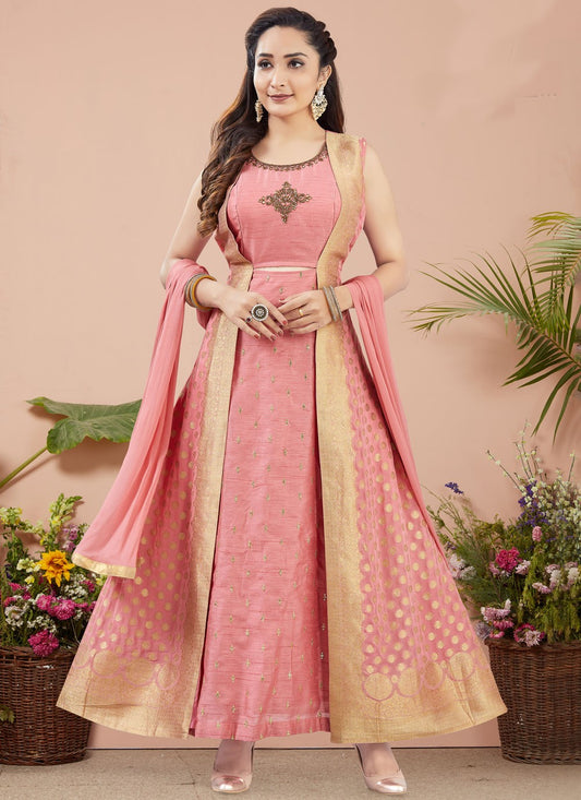 Salwar Suit Weaving Zari Peach Silk T5229